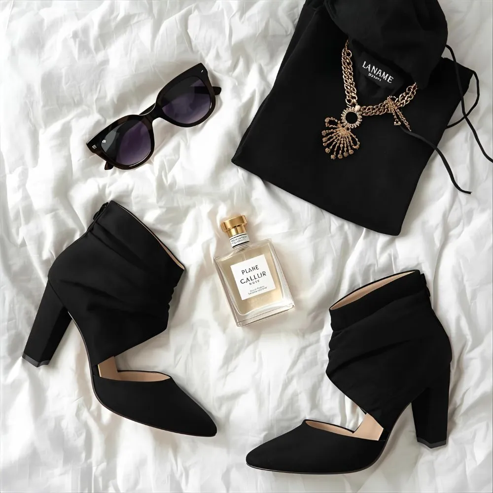 Artistic flat lay of black outfit essentials — sunglasses, perfume, heels, and jewelry on white bedsheet — pastel tone, cozy aesthetic.
