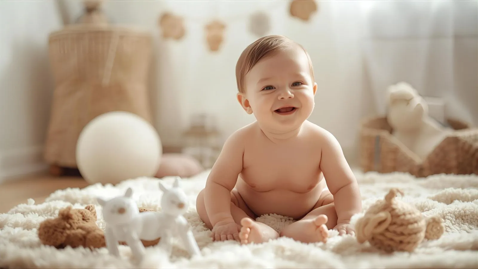 A bright, cozy baby photography scene showing a 7-month-old baby sitting on a soft blanket with toys around, smiling naturally. Warm daylight, soft pastel colors, minimalistic nursery background, and gentle focus on the baby’s joyful expression — ideal for a parenting or Instagram caption blog header.
